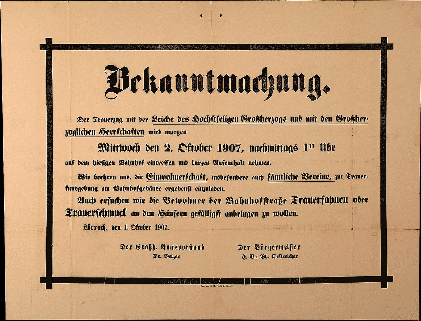 Bekanntmachung über Einteffen des Trauerzugs mit der Leiche von Großherz