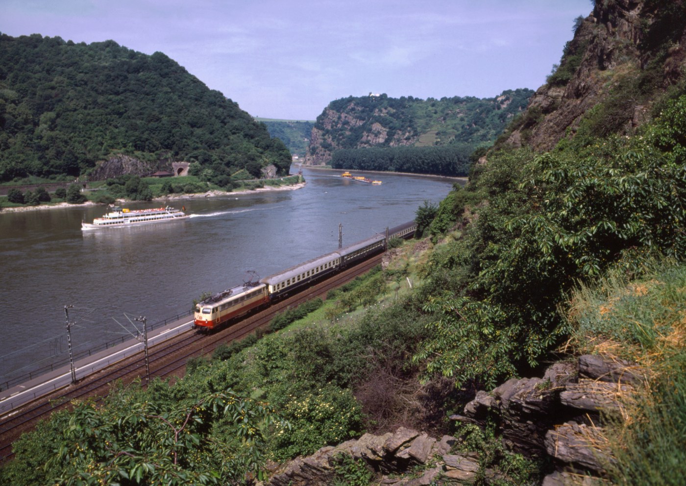 Zug zwischen St. Goarshausen und Kaub, im Hintergrund der Loreley-Felsen