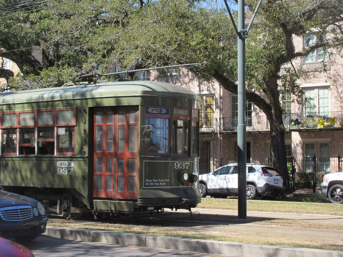 Passing Streetcar, St Charles Avenue, Uptown New Orleans, 23 Feb 2021 01