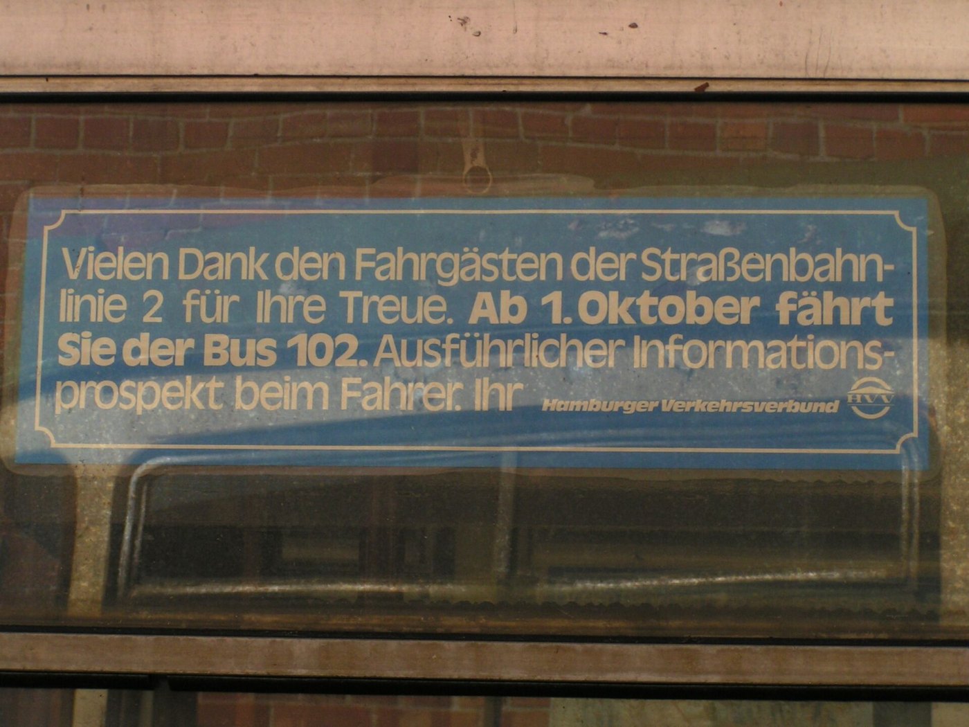 Abschiedsschild Straßenbahn Hamburg wehmingen