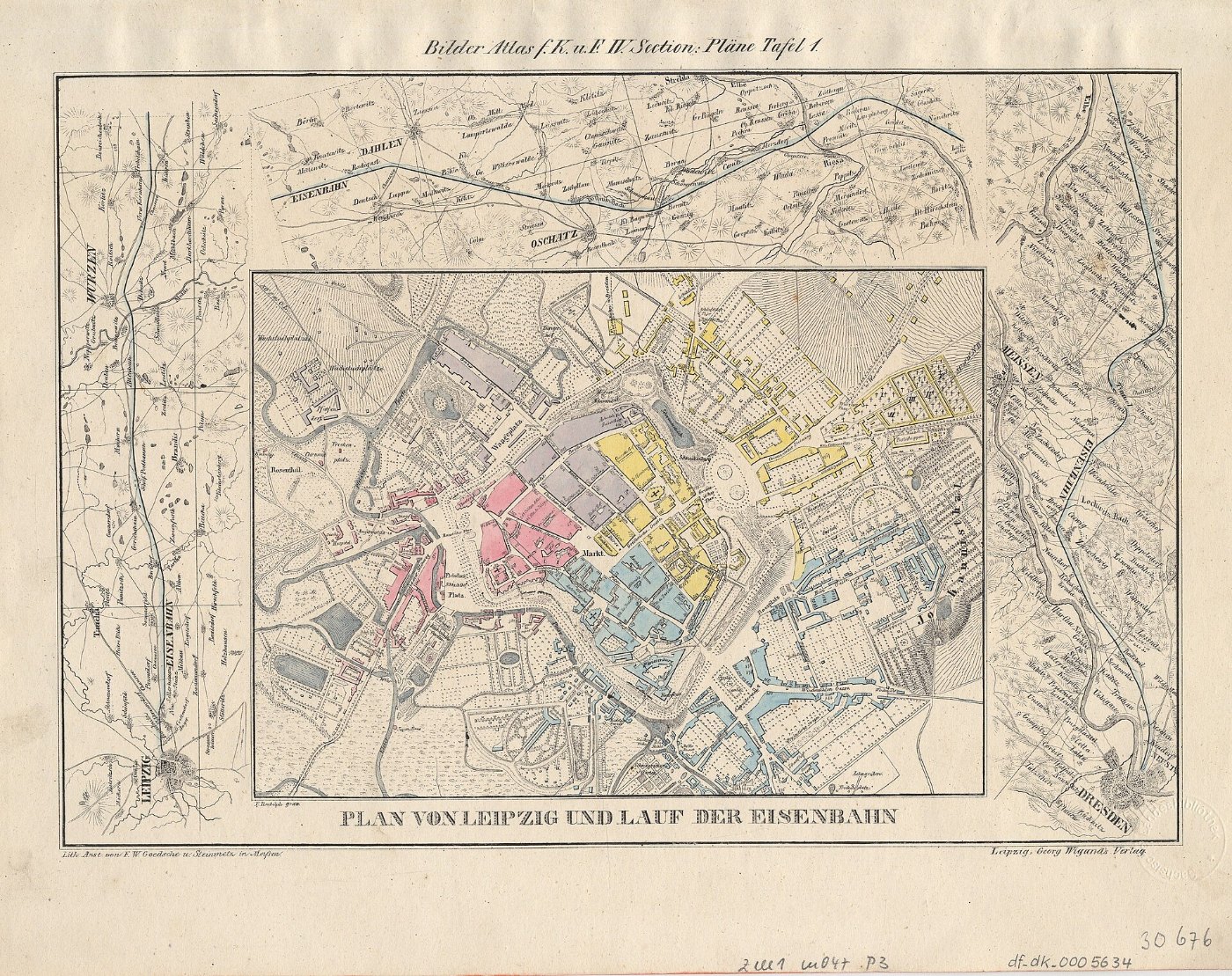 Plan von Leipzig und Lauf der Eisenbahn 1841
