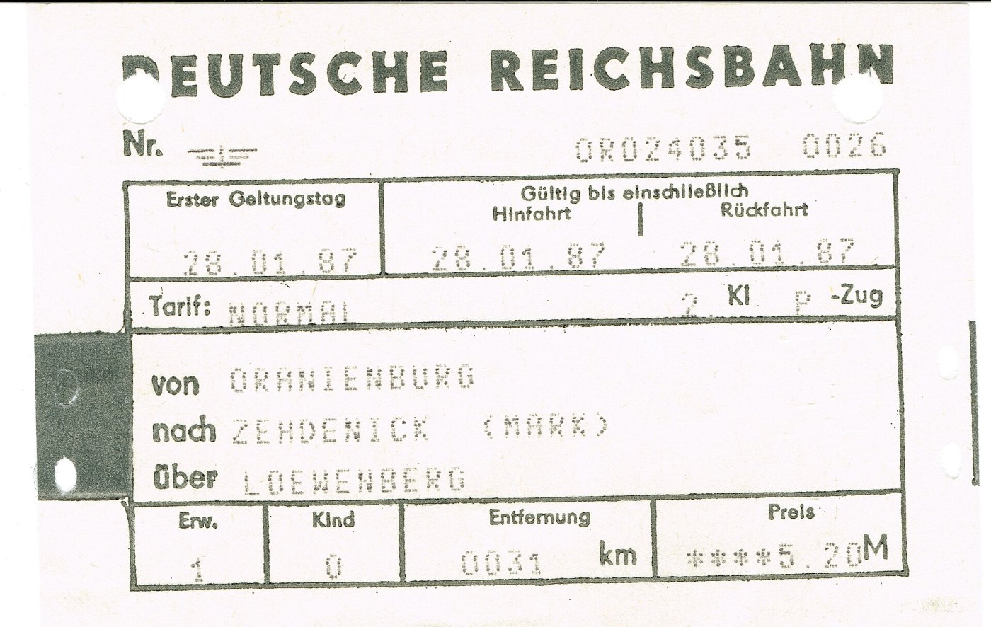 xl scan Fahrkarte der Deutschen Reichsbahn vom 28.01.1987 2. Klasse Norm