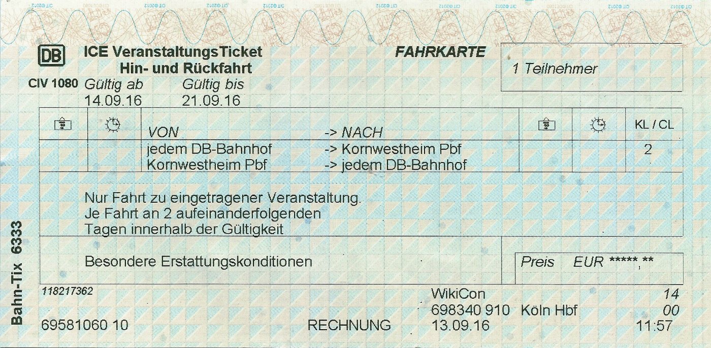 ICE VeranstaltungsTicket Deutsche Bahn, WikiCon Kornwestheim, 2016