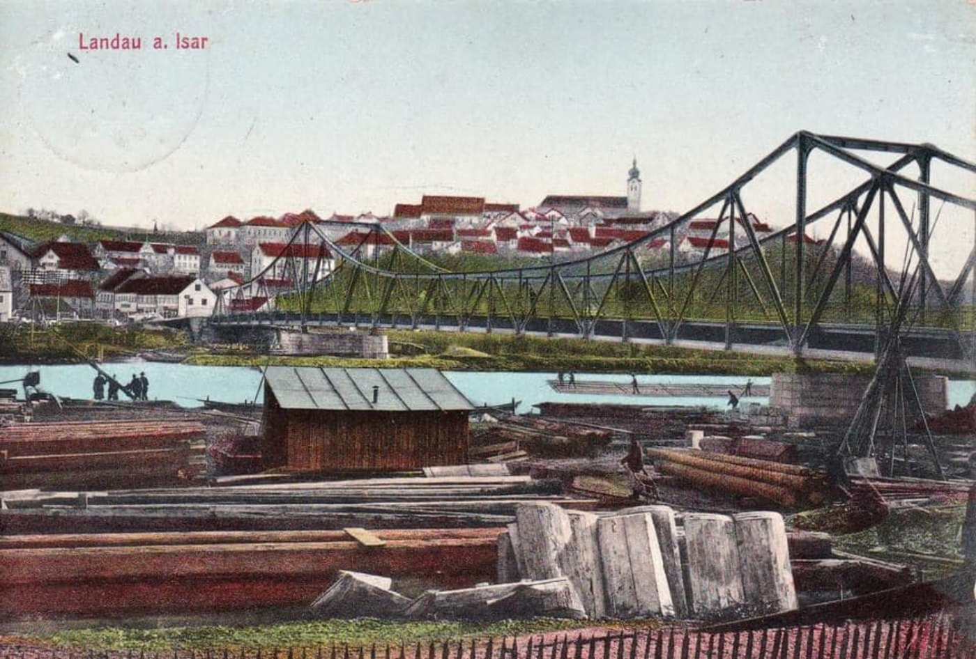 AK Landau Isar Floßanlegestelle Eisenbahnbrücke