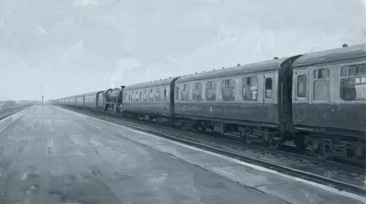 Wie lang Poetry-Slam-Text: ein sehr langer, leerer Bahnsteig mit einem Zug, der in die Ferne reicht