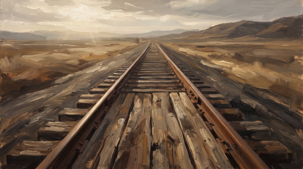 Poetry Slam Reimschema: eine lange Reihe gleichmäßig verlegter Bahnschwellen unter zwei Schienen