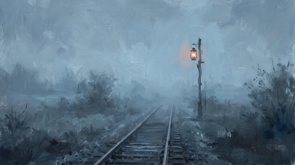Spannung im Text: ein fernes Bahnsignal leuchtet auf einem leeren Gleis, das im Nebel verschwindet
