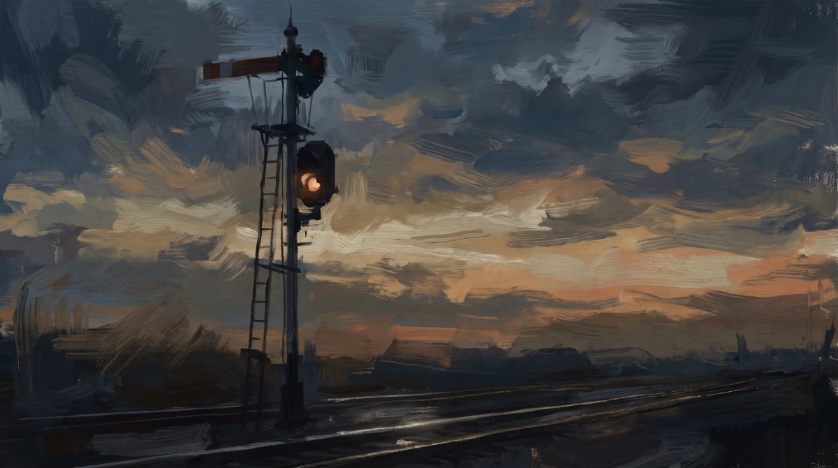 Spannung im Text: ein hoher Signalmast steht dunkel vor einem dramatischen Abendhimmel