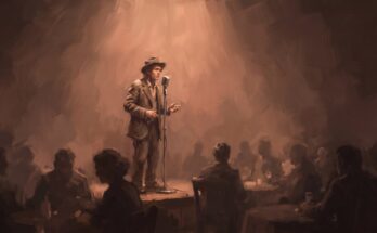 Poetry Slam auf Englisch: eine Person am Mikrofon auf einer kleinen Bühne im warmen Licht