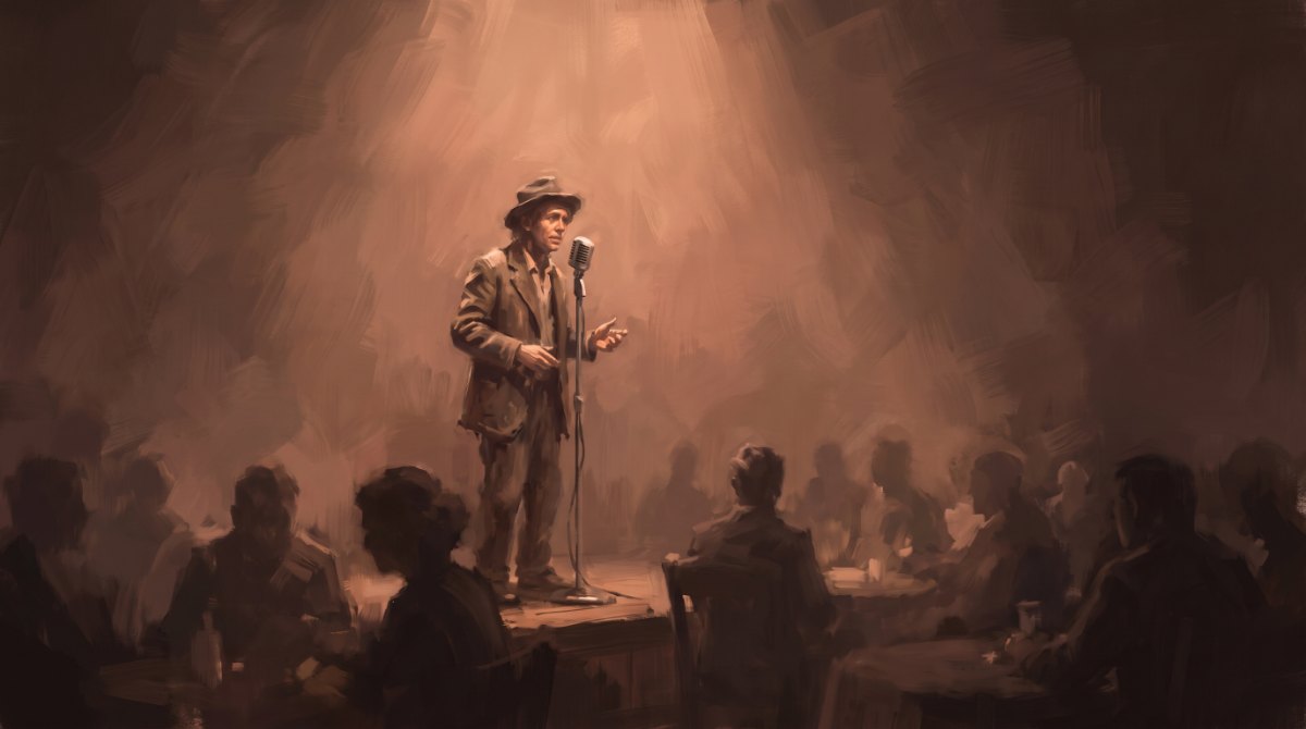 Poetry Slam auf Englisch: eine Person am Mikrofon auf einer kleinen Bühne im warmen Licht