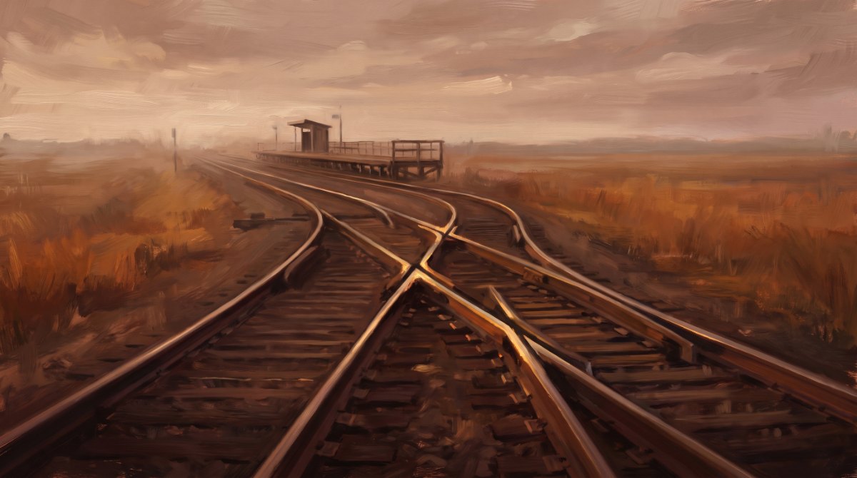 Poetry Slam auf Englisch: zwei Bahngleise laufen an einer Weiche zusammen, im warmen Abendlicht