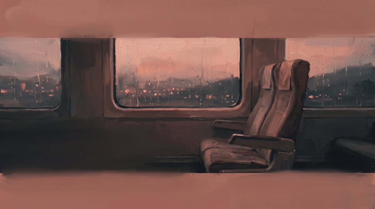 Poetry Slam über Liebeskummer: ein leerer Sitzplatz am regennassen Zugfenster in der Dämmerung
