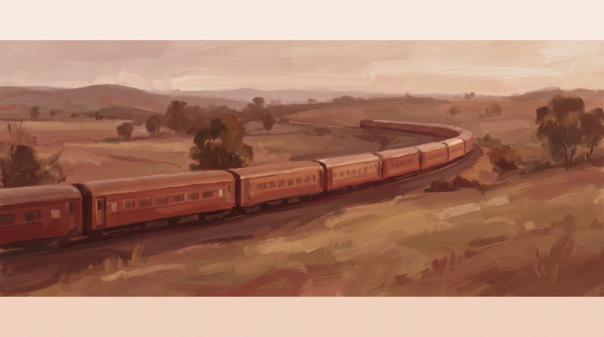 Poetry Slam über Familie: ein langer Zug aus vielen Wagen zieht im Abendlicht durch die Landschaft
