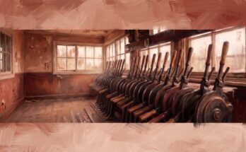 Poetry Slam über die Eltern: das Innere eines alten Stellwerks mit einer Reihe großer Hebel im warmen Licht