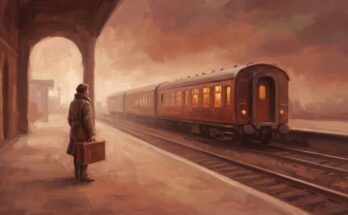 Poetry Slam über das Erwachsenwerden: ein junger Mensch mit einem Koffer allein auf einem weiten Bahnsteig im Morgenlicht