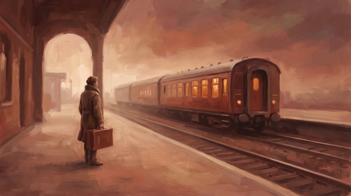Poetry Slam über das Erwachsenwerden: ein junger Mensch mit einem Koffer allein auf einem weiten Bahnsteig im Morgenlicht