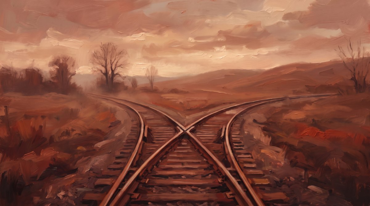 Poetry Slam über das Erwachsenwerden: eine Bahnweiche, an der sich die Gleise teilen, im Abendlicht
