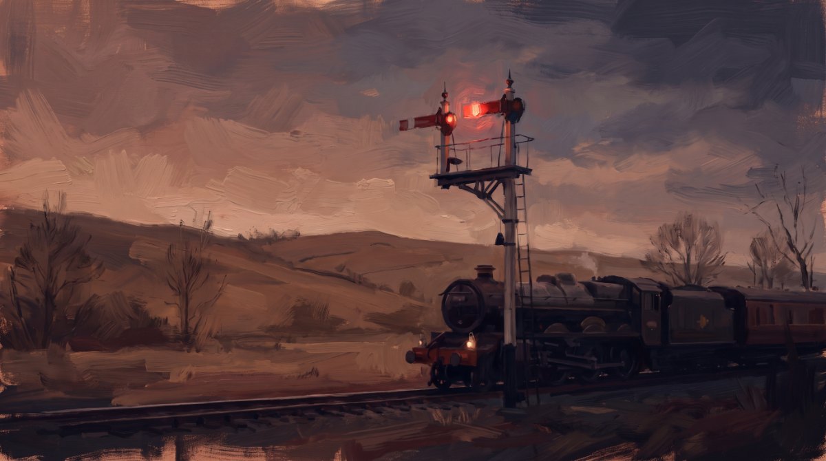 Poetry Slam über Angst: ein Bahnsignal leuchtet rot gegen den Abendhimmel, ein Zug wartet