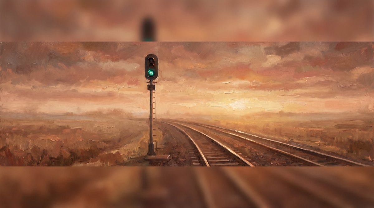 Poetry Slam über Angst: eine Bahnstrecke öffnet sich nach dem Signal ins klare Abendlicht
