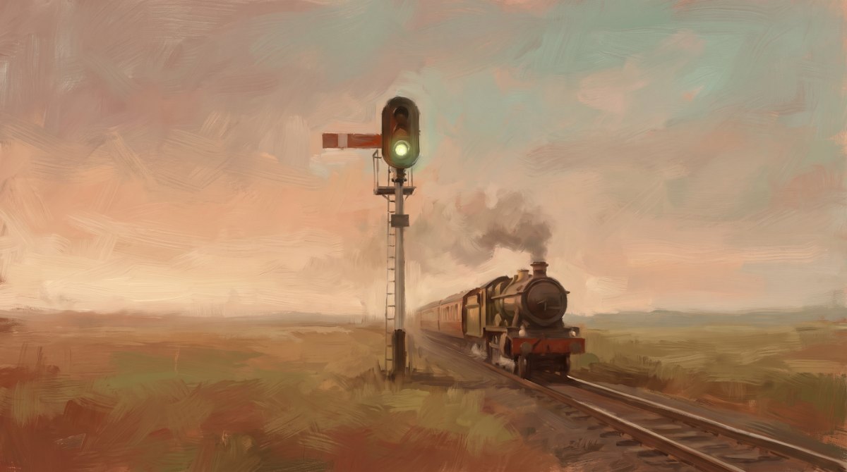 Poetry Slam über Hoffnung: ein Bahnsignal leuchtet grün gegen den Morgenhimmel, der Weg ist frei