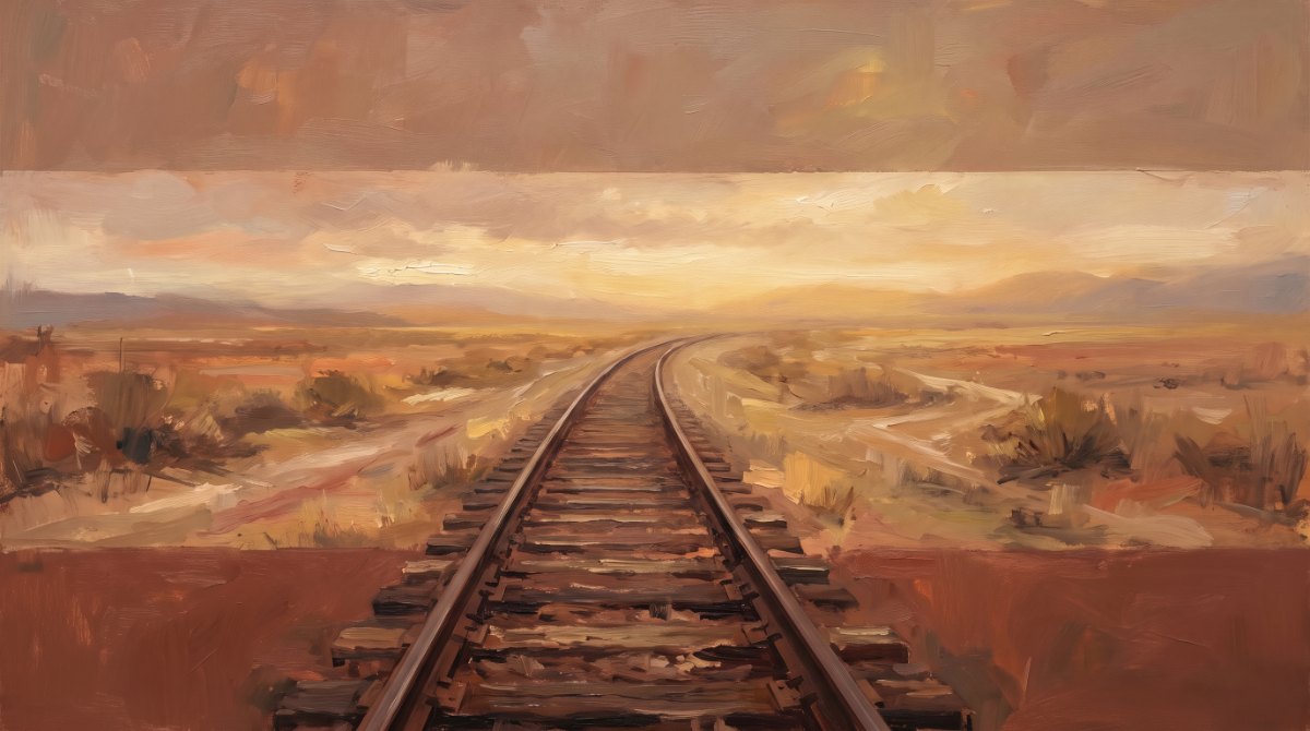 Poetry Slam über Träume: eine Bahnstrecke öffnet sich im Morgenlicht auf einen weiten, hellen Horizont