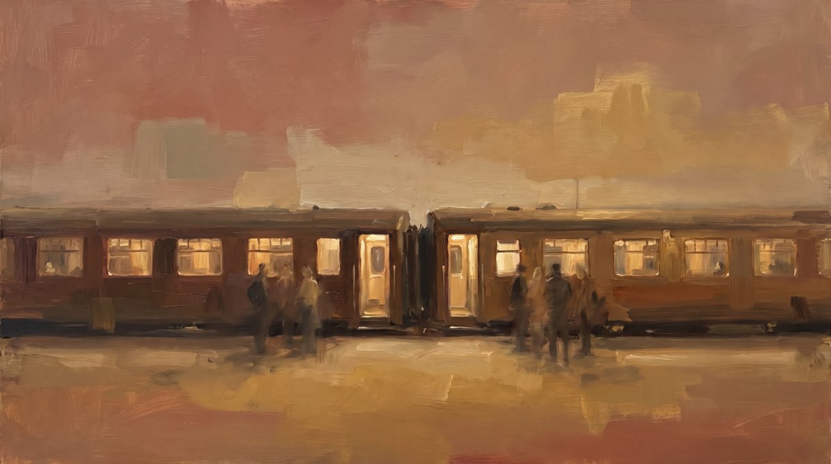 Poetry Slam über Glück: zwei Züge stehen am Bahnsteig, die Türen genau gegenüber, ein perfekter Anschluss im warmen Licht
