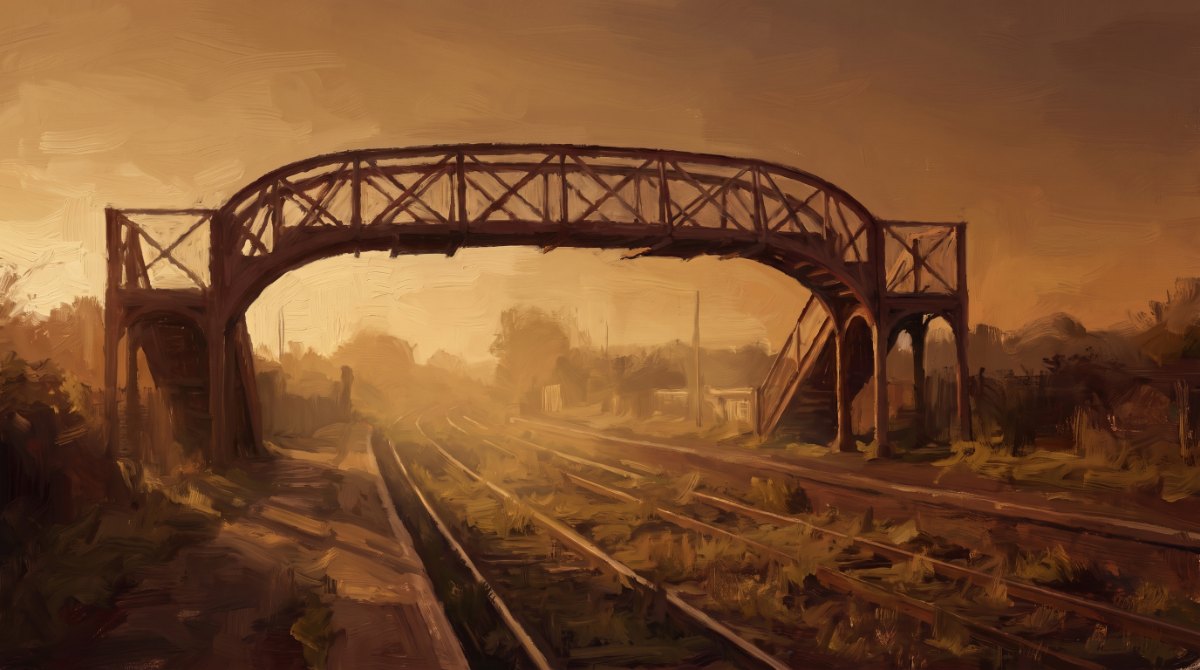 Poetry Slam über Glück: eine Fußgängerbrücke über den Gleisen im warmen goldenen Abendlicht