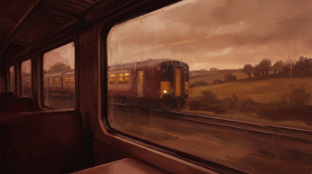 Poetry Slam über Eifersucht: Blick aus dem Zugfenster auf einen anderen Zug, der vorbeizieht