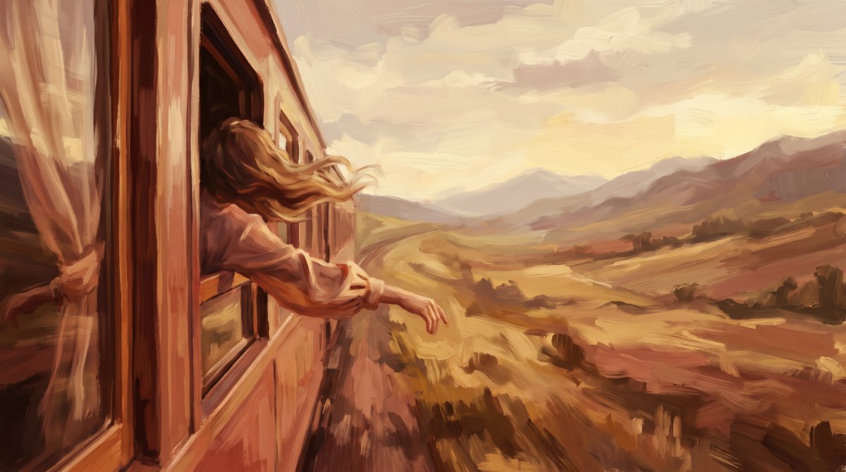 Eine offene Bahnstrecke zieht sich in eine weite, sonnige Landschaft, freie Fahrt