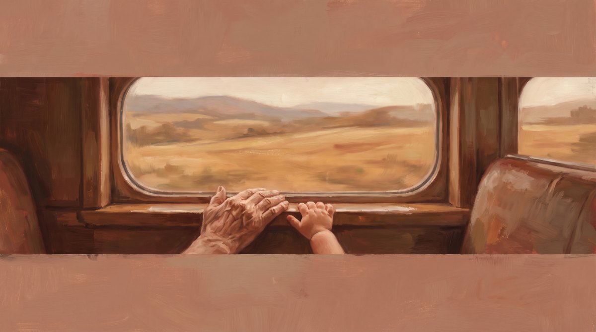 Eine alte Hand und eine Kinderhand am Fenster eines fahrenden Zuges, zwei Generationen auf derselben Reise