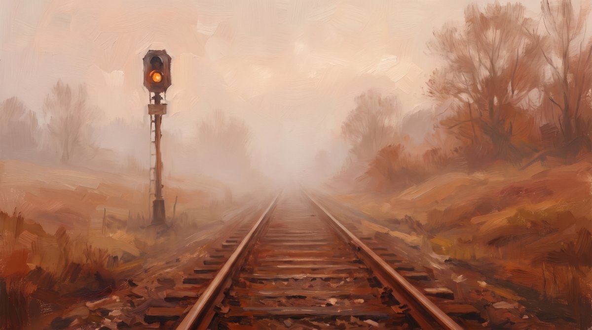 Ein Gleis verschwindet im Morgennebel, ein Signal leuchtet schwach, das Vertrauen bleibt