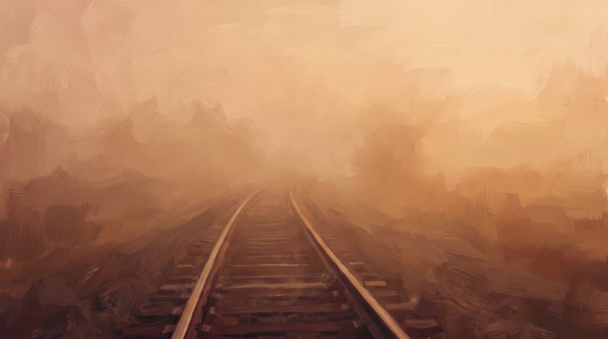Poetry Slam über die Zukunft: ein Gleis verschwindet im dichten Nebel, nur wenige Meter sind zu sehen