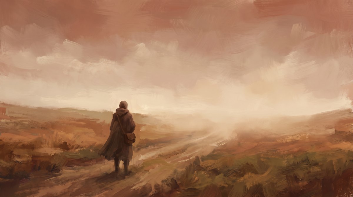 Ein Reisender steht genau dort, wo das Gleis im Nebel verschwindet, und blickt nach vorn