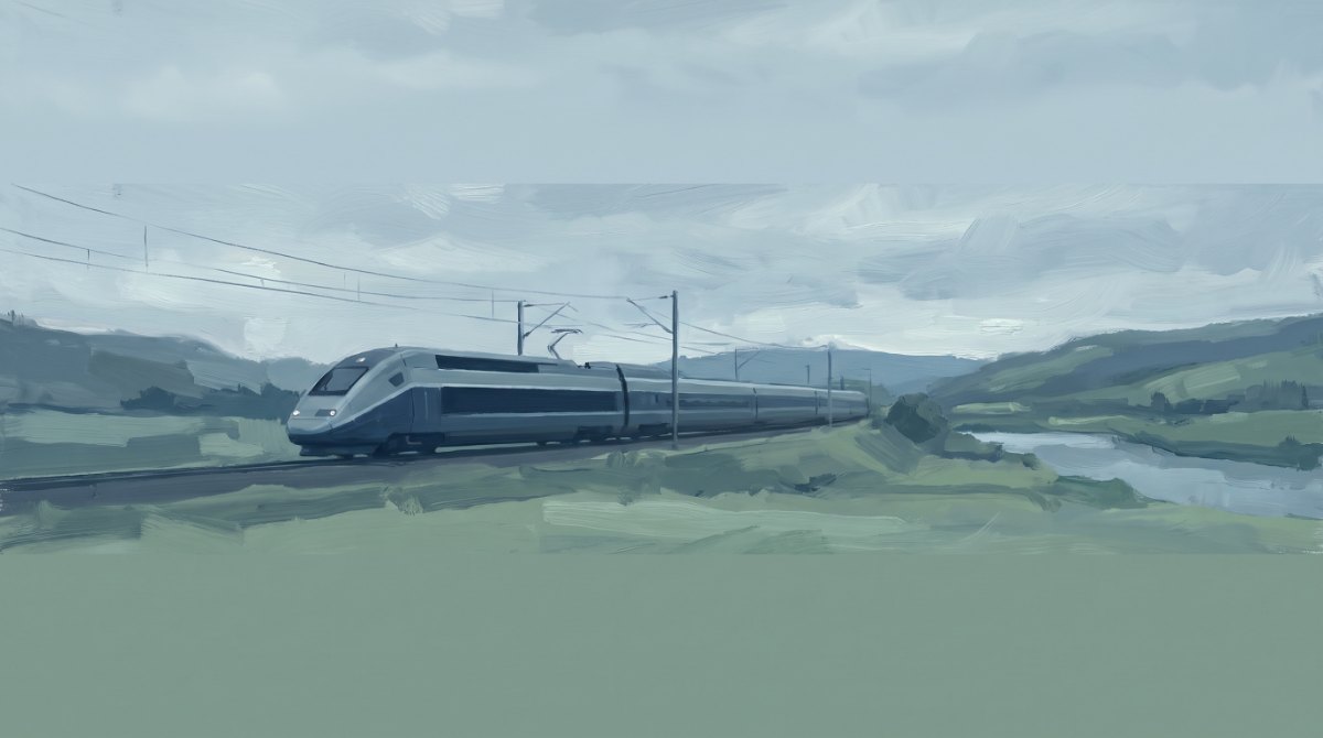 Poetry Slam über den Klimawandel: ein moderner Elektrozug gleitet leise durch eine grüne Landschaft