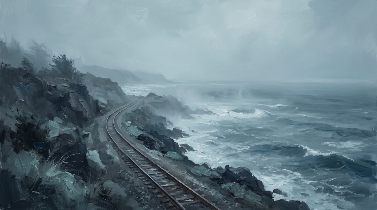 Poetry Slam über das Meer: ein Gleis, das an einer Steilküste endet, dahinter das weite offene Meer bis zum Horizont