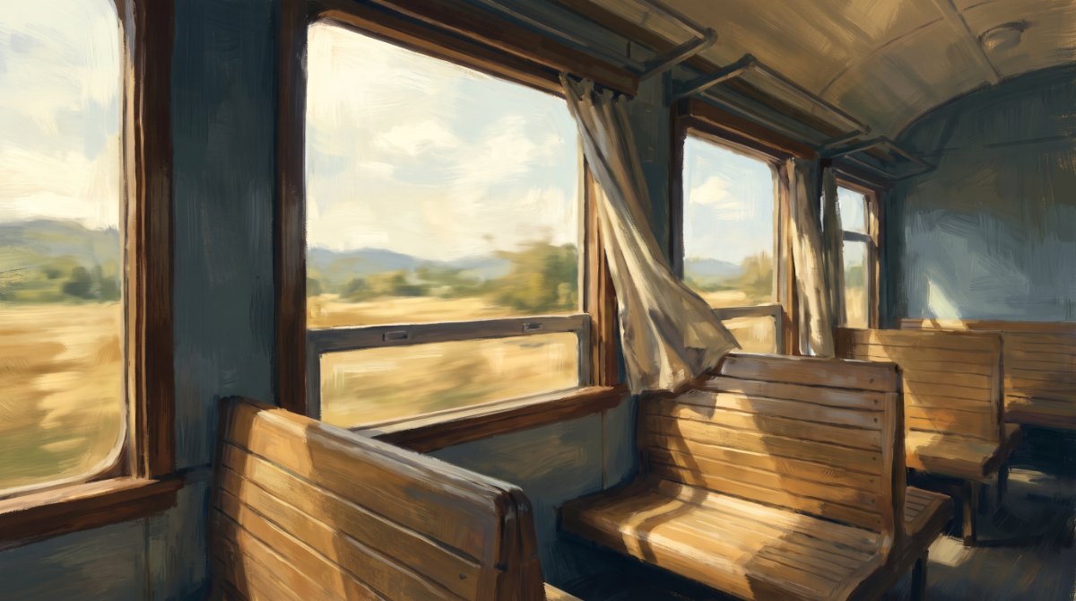 Poetry Slam über den Sommer: ein Zugfenster steht offen, warmes Licht und eine sommerliche Landschaft ziehen vorbei