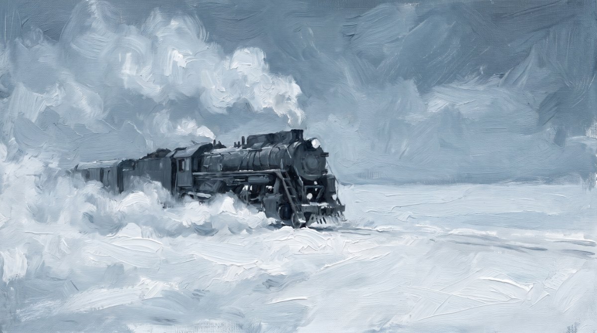 Poetry Slam über den Winter: ein Zug, der sich langsam durch eine tief verschneite, stille Winterlandschaft schiebt