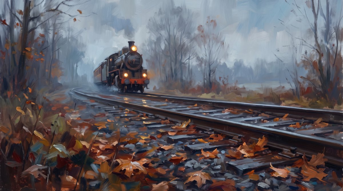 Poetry Slam über den Herbst: bunte Blätter liegen auf den Bahngleisen, ein Zug fährt langsam durch den goldenen Herbstwald