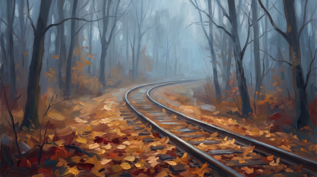 Ein Waldweg im goldenen Oktober, dicht bedeckt mit buntem Laub, warmes Sonnenlicht fällt durch die Bäume