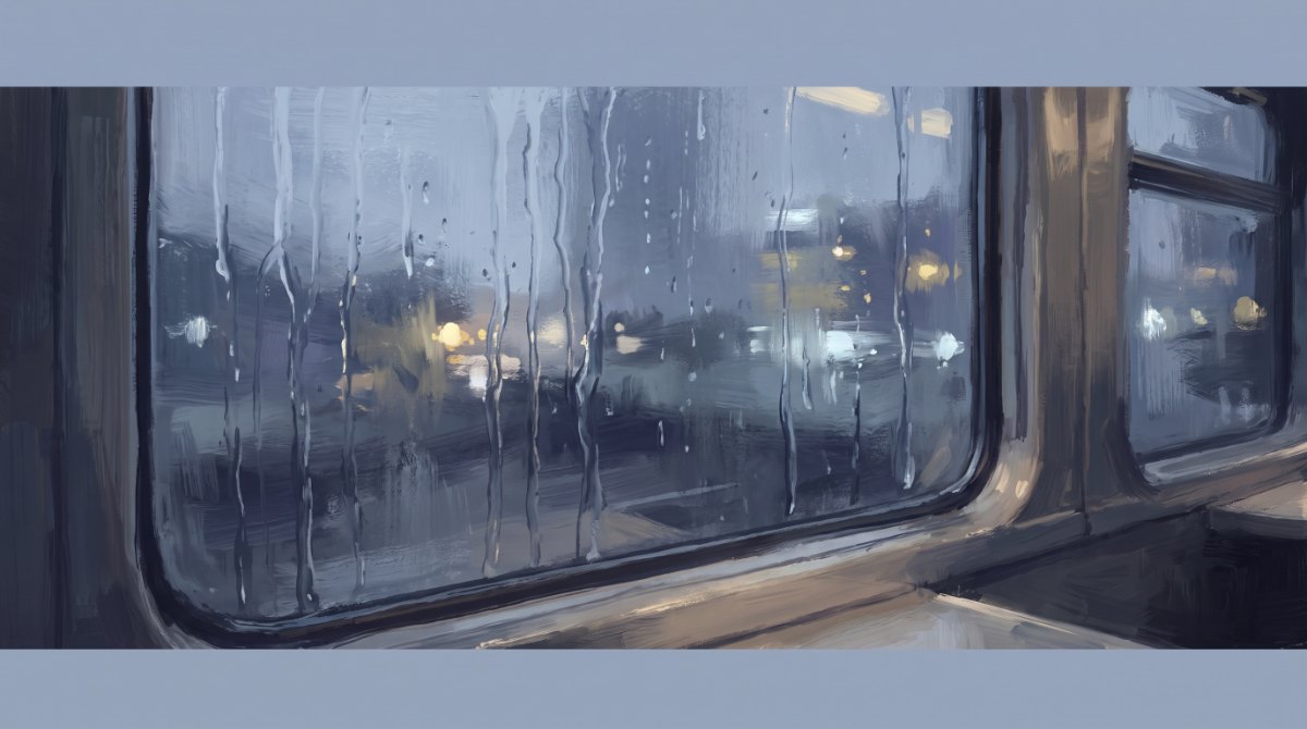 Poetry Slam über den Regen: Regentropfen laufen an einer Zugscheibe herunter, dahinter eine verschwommene graue Landschaft