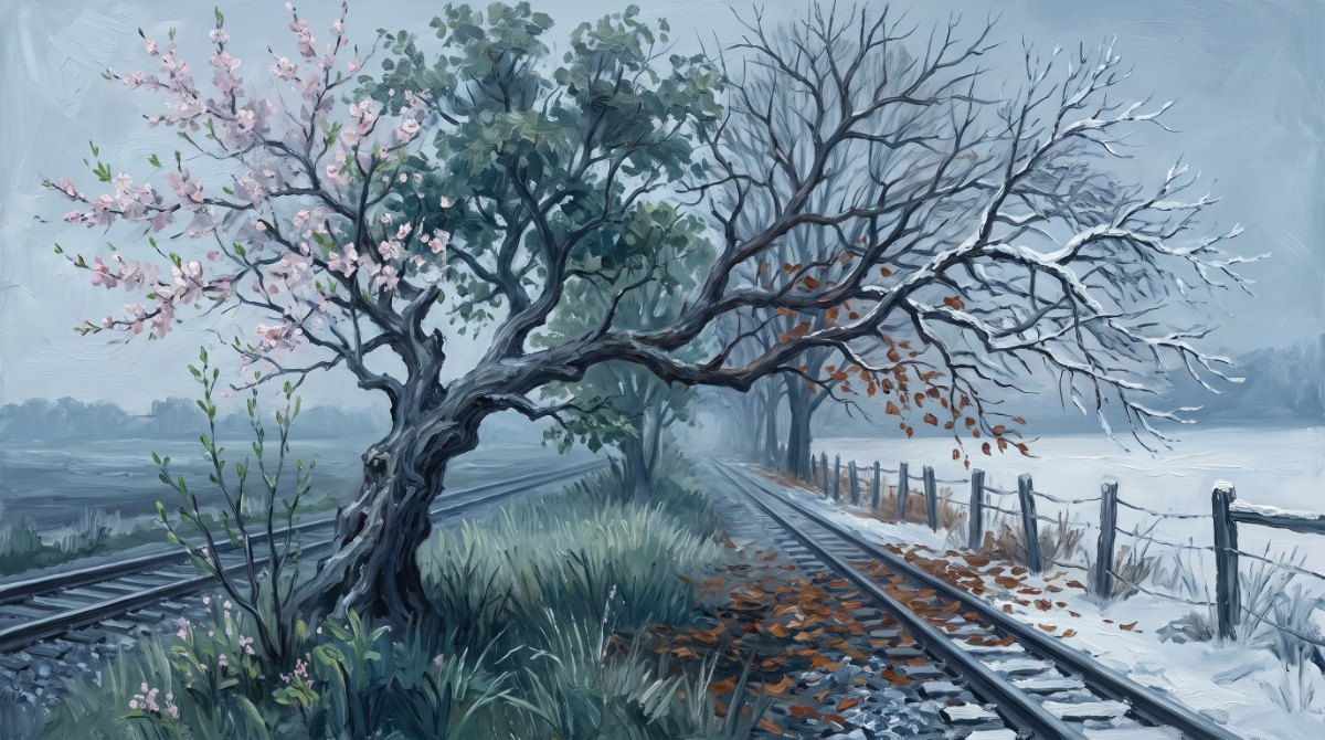 Ein einzelner Baum, viermal dargestellt, in Blüte, in vollem Grün, in Herbstfärbung und kahl im Schnee
