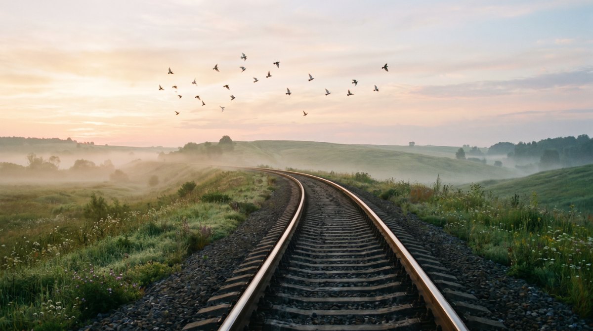 Poetry Slam über den Frieden: ein offenes, ruhiges Gleis, das sich friedlich durch eine sanfte, sonnige Landschaft zieht