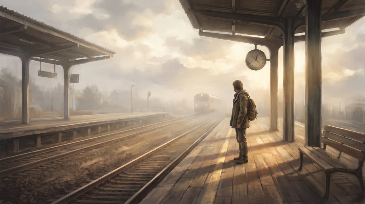 Ein ruhiger, leerer Bahnsteig im Morgenlicht, eine Friedenstaube sitzt auf einem Geländer