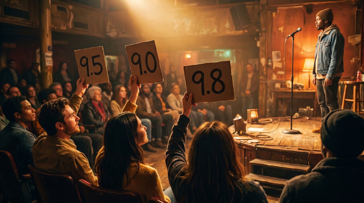 Eine Jury bewertet einen Poetry-Slam-Auftritt anhand einer klaren Kriterienliste, mit Punkten für Sprache, Aufbau, Inhalt und Vortrag