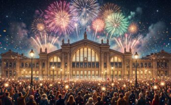 Poetry Slam zu Silvester: eine Bahnhofsuhr zeigt kurz vor Mitternacht, im Hintergrund Feuerwerk über dem Bahnsteig