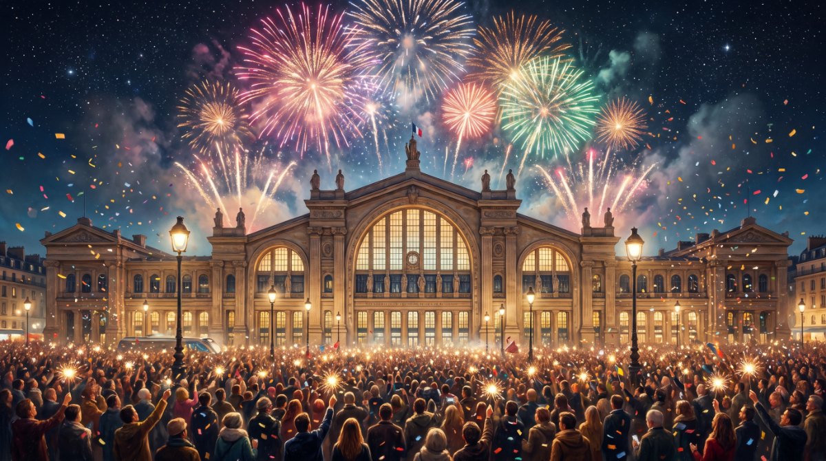 Poetry Slam zu Silvester: eine Bahnhofsuhr zeigt kurz vor Mitternacht, im Hintergrund Feuerwerk über dem Bahnsteig