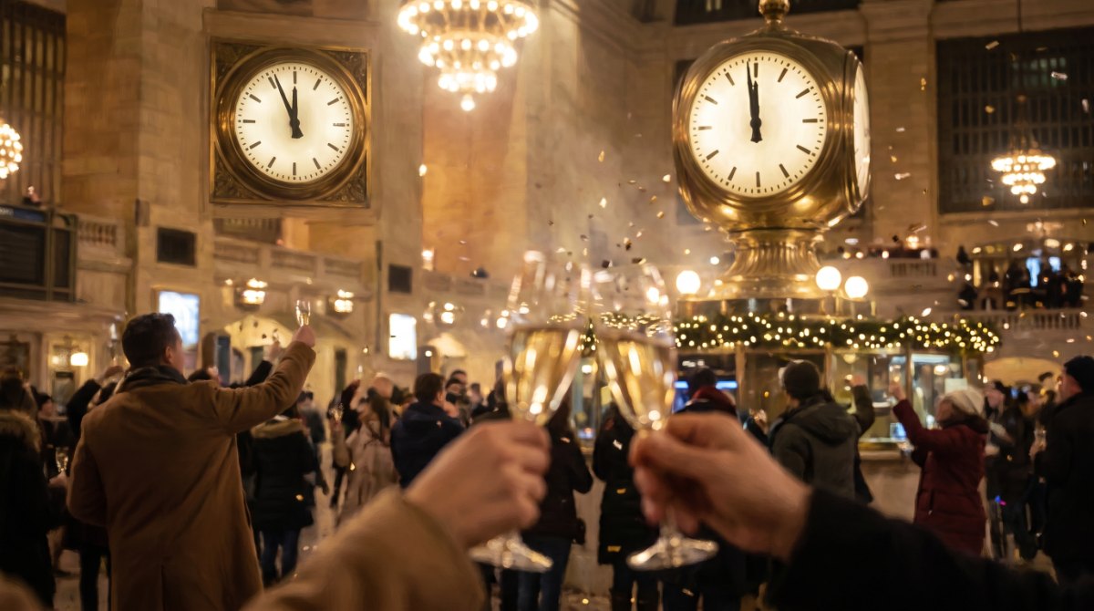 Freunde hören bei einer Silvesterfeier kurz vor Mitternacht einem selbst geschriebenen Poetry-Slam zu