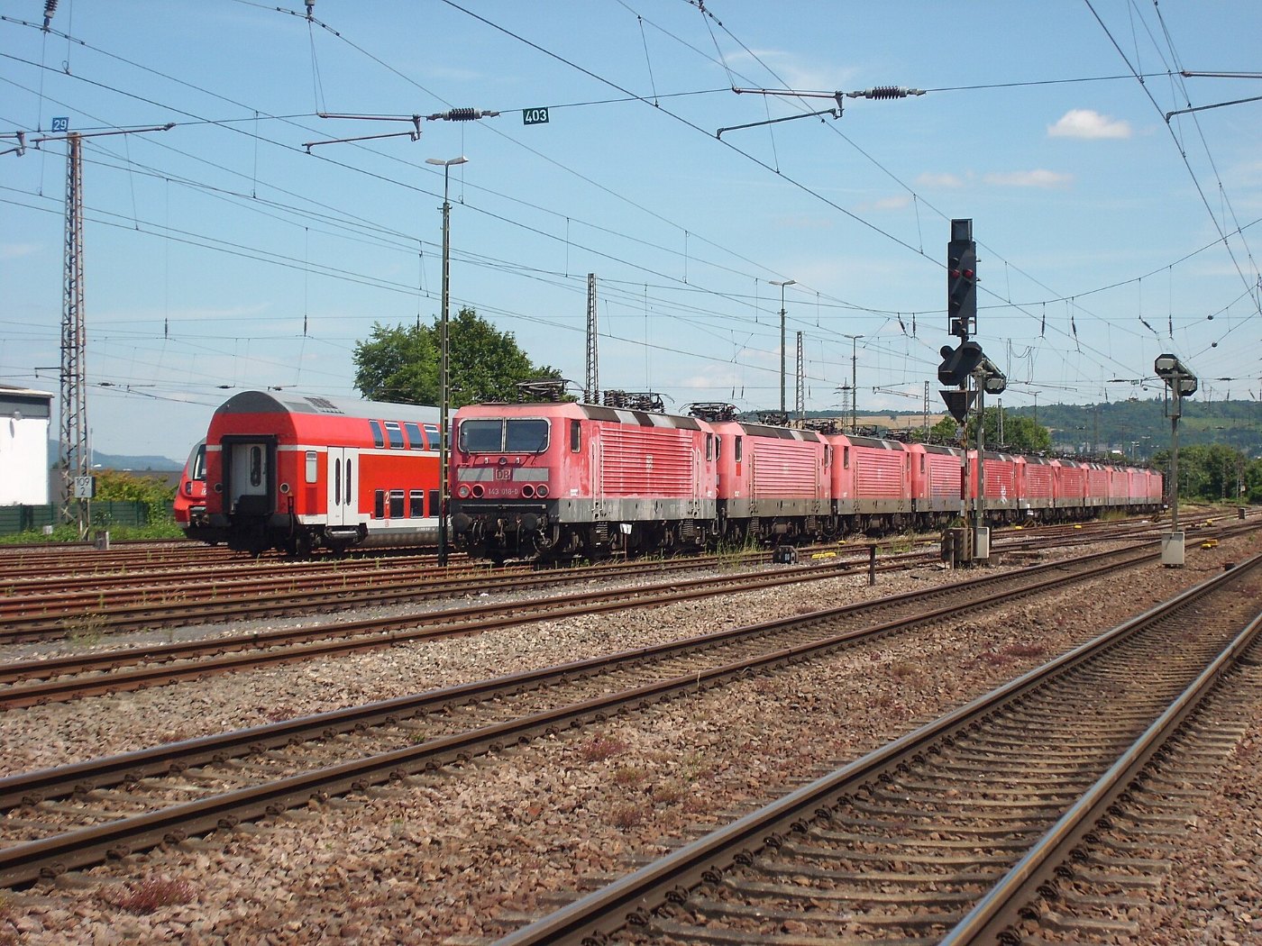 Eleven retired DB class 143 engines at the Trier railyard in July 2016