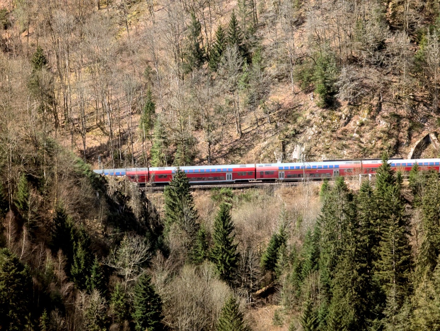 Zug am oberen Dreibahnenblick der Schwarzwaldbahn bei Triberg