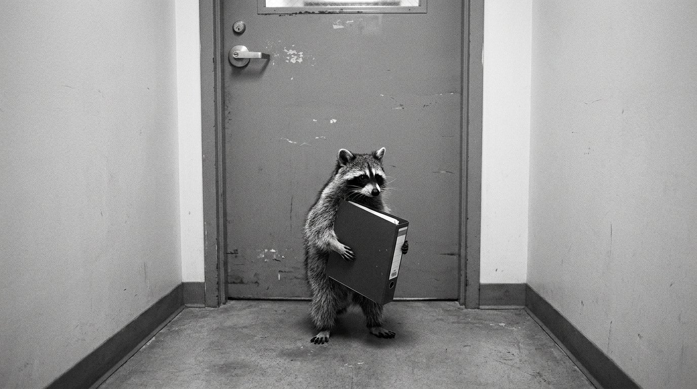 Abo Satire: Waschbär steht mit einem Aktenordner vor einer geschlossenen Bürotür